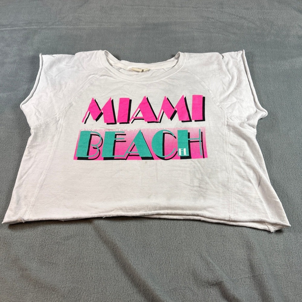 Lagaci Miami Beach FL Graphic Crop Top White Sleeveless Muscle Tee Large TR-2006